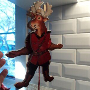vintage Christmas wooden pull string ornament~ RCMP moose